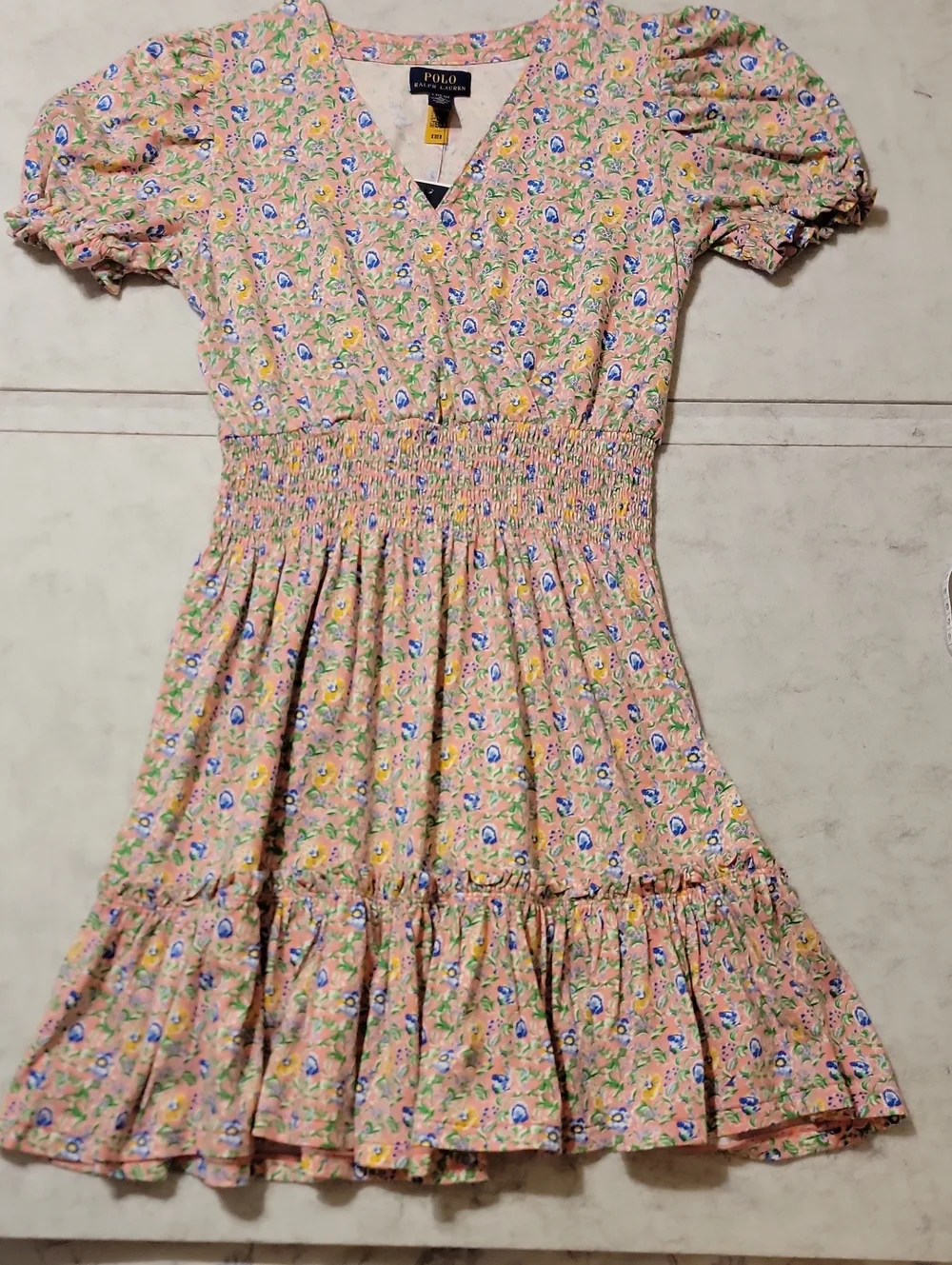 NWT Polo by Ralph Lauren Pink Floral V‑Neck Smocked Waist Dress Large (12-14)